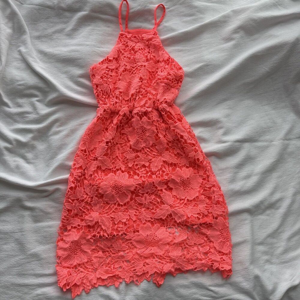 Charlotte Russe Pink Floral Lace Halter Bodycon Lined Mini Dress Sleeveless XS